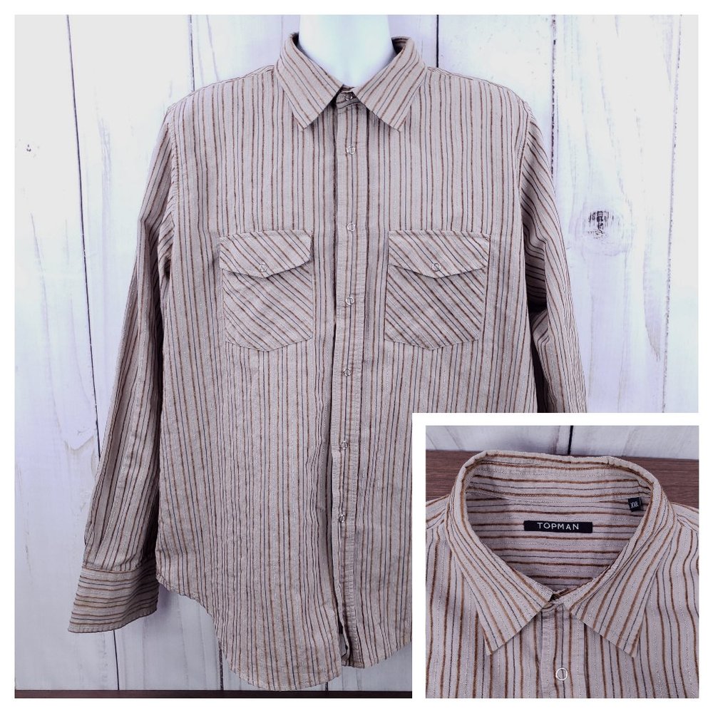 Topman Brown Stripe Snap down Long Sleeve Collar